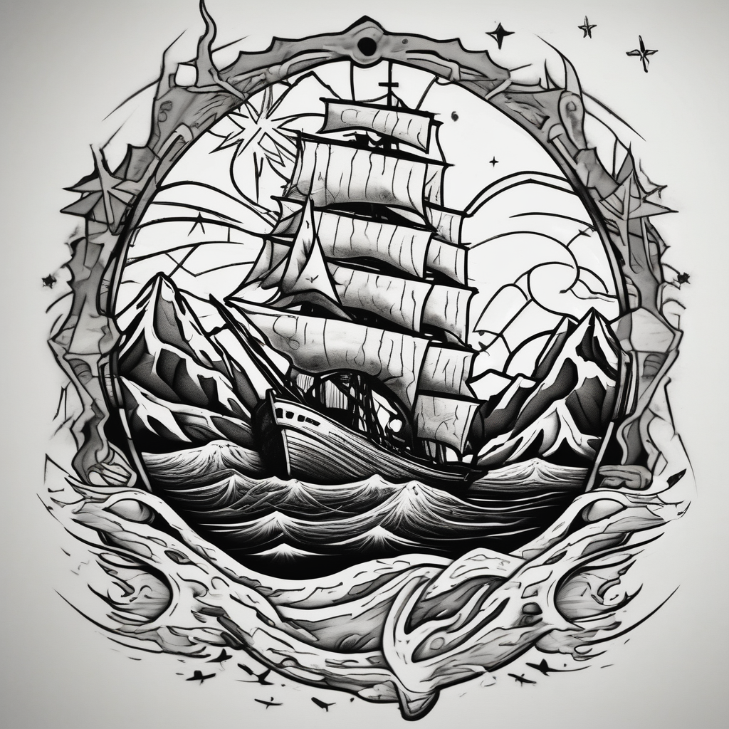 tattoo that has an acacia tree with mountains, ocean with a ship wreck with sharks and the northern star hello kitty tattoo, AI-generated Cartoon tattoo design